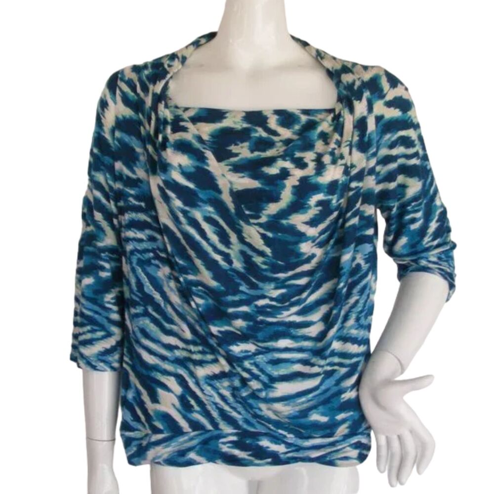 CHICO'S Tunic, 2/L, Blue/White, Drape neck, 3/4 sleeves